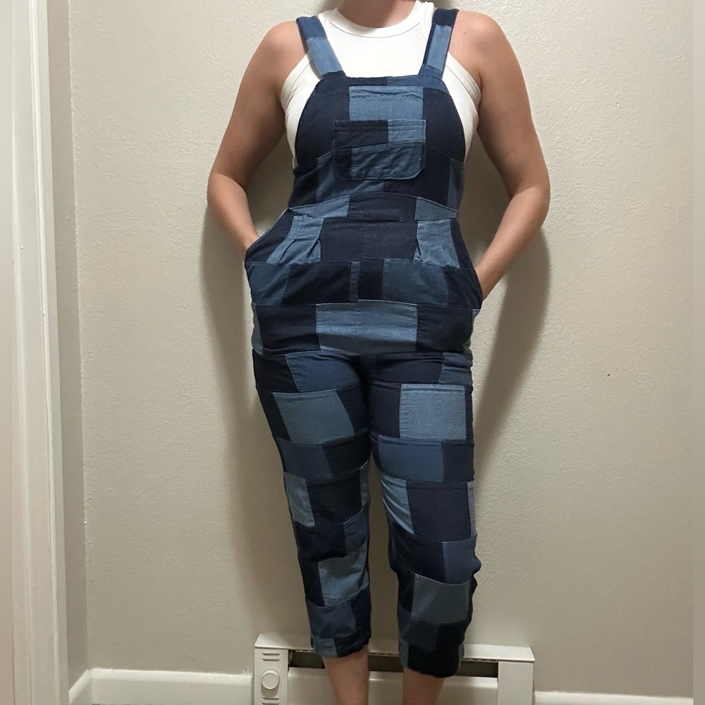 One of a Kind Patchwork Denim Overalls — Medium Petite Cropped Jean Jumpsuit - Picture 2 of 8